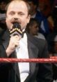 Howard Finkel, legendary wrestling announcer, speaking into a microphone with a crowd in the background during a match.