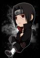 Chibi Itachi Uchiha V2 with red eyes and distinctive Akatsuki cloak, set against a cosmic background.