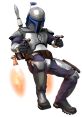 Jango Fett in full armor, wielding blasters and using jetpack, embodies the iconic bounty hunter from Star Wars.