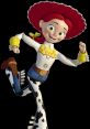 Jessie from Toy Story, joyfully striking a playful pose in her iconic cowgirl outfit, featuring a red hat and colorful attire.