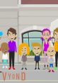 Kenny from GoAnimate stands with friends in a colorful animated scene, showcasing unique character designs and expressions.