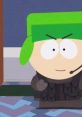 Kyle Broflovski in early seasons, wearing a black outfit with a headset, showcasing his determined expression.