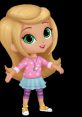 Leah from Shimmer and Shine, featuring green eyes, blonde hair, and a pink star-patterned shirt, joyfully poses.