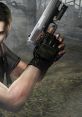 Leon S. Kennedy aiming a handgun, showcasing his iconic look from Resident Evil 4 against a misty background.