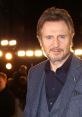 Liam Neeson posing confidently, wearing a stylish suit, illuminated by bright lights at a red carpet event.