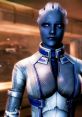 Liara T'Soni with blue skin and detailed armor, portrayed by Ali Hillis in Mass Effect 3, showcases her striking presence.