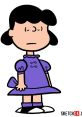 Lucy van Pelt stands confidently in a purple dress with a serious expression, embodying her iconic Peanuts character.