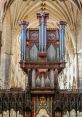 Intricate cathedral organ with elaborate woodwork, showcasing its grandeur in a historic library setting.