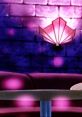 Stylish purple-lit lounge setting featuring a table and red couch, reminiscent of scenes from A Goofy Movie with Max Goof.