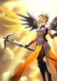 Mercy from Overwatch, radiating healing energy with her iconic wings and staff, set against a golden background.