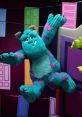 Sully from Monsters, Inc. playfully hanging amidst colorful doors, showcasing his friendly monster demeanor and vibrant colors.