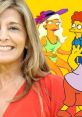 Pamela Hayden smiles, featuring characters from The Simpsons, including Milhouse Van Houten and others in vibrant colors.