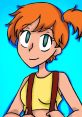 Misty from Pokémon smiles brightly, showcasing her iconic orange hair and yellow top against a blue background.