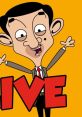 Mr. Bean animated character joyfully presenting "LIVE" with an orange background, showcasing his comedic charm and antics.