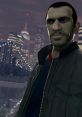 Niko Bellic, a key character from Grand Theft Auto IV, stands against a city skyline at night, showcasing urban grit.