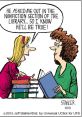 Two women in a library discuss a date in the nonfiction section, humorously highlighting the truth in literature.