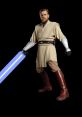 Obi-Wan Kenobi from Clone Wars wielding a blue lightsaber, ready for battle in his Jedi attire.