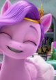 Pipp Petals smiles brightly, showcasing her stylish purple mane and royal crown in a colorful setting. Perfect for fans!