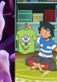 Mewtwo and character comparing Pokemon-themed shirts, showcasing playful fashion inspired by the series.