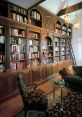 Elegant wood-scraped library featuring tall shelves filled with books, a cozy seating area, and intricate wooden details.