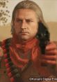 Revolver Ocelot portrayed by Troy Baker, gripping a revolver, wearing a red scarf and bandolier in a desert setting.