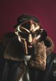 MF DOOM wearing his iconic metal mask, stylishly posing in a fur coat against a deep red background.