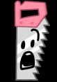 Saw from BFB with a shocked expression, featuring a pink handle and jagged edges, highlighting its animated personality.