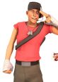 Scout from Team Fortress 2, wearing a red shirt and a headset, confidently saluting with a playful expression.