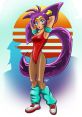 Shantae showcases her signature style with a vibrant background, exuding confidence and charm in a playful pose.