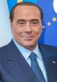 Portrait of Silvio Berlusconi in a suit, smiling confidently against an Italian and European flag backdrop.