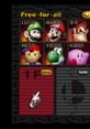 Smash 64 character selection screen featuring Mario, Luigi, Yoshi, and others in a classic free-for-all match.