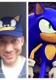 Ryan Drummond wearing a Sonic the Hedgehog cap next to Sonic's classic game art for a nostalgic fan tribute.