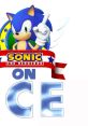 Sonic the Hedgehog character with a dynamic pose, featuring iconic logo elements and text 'ON ICE' in vibrant colors.