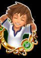 Young Sora smiling with hands behind his head, featuring vibrant colors and design elements from a popular game.