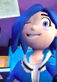 Tari from SMG4 winking playfully, showcasing her blue hair and stylish outfit against a colorful background.