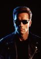 Arnold Schwarzenegger as the iconic Terminator T-800, wearing sunglasses and a black leather jacket, exuding a powerful presence.