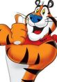 Tony the Tiger giving a thumbs up, promoting Frosted Flakes cereal with his cheerful, energetic demeanor.