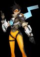 Tracer from Overwatch in her iconic outfit, featuring her signature orange leggings and advanced technology. Fast and agile hero.