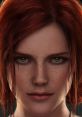 Triss Merigold from Witcher 3, showcasing her striking green eyes and vibrant red hair, highlighted by freckles.