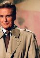 Robert Stack in a trench coat, iconic narrator of "Unsolved Mysteries," delivering suspenseful storytelling.