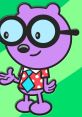 Walden from Wow! Wow! Wubbzy! smiling with oversized glasses, colorful shirt, and tie on a vibrant green background.