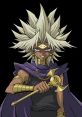 Yami Marik, a villain from Yu-Gi-Oh, wields golden staff, featuring spiky hair and an enigmatic expression.