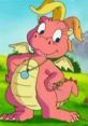 Cassie from Dragon Tales, a pink dragon with a playful smile, featuring her signature yellow ponytail and necklace.