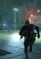 A soldier in tactical gear runs through rain at a military base, spotlight shining on a nearby helicopter.