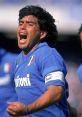 Diego Armando Maradona passionately celebrates a goal, wearing the iconic blue jersey of Napoli and his captain's armband.