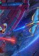 Colorful space battle scene from Space Station Sprint, showcasing vibrant ships and laser beams in a cosmic setting.