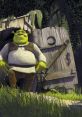 Shrek stands outside his swamp home, showcasing his iconic green skin and signature outfit in a vibrant, lush setting.