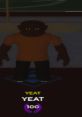 Character in a game wearing an orange shirt, black pants, showcasing the "Yeat" avatar with a level score of 100.