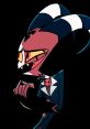 Blitzo, the mischievous demon character, poses confidently in a sharp suit with striking red and black features.