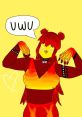 Colorful character with red and yellow outfit, striking a playful pose with "uwu" speech bubble, showcasing vibrant art style.